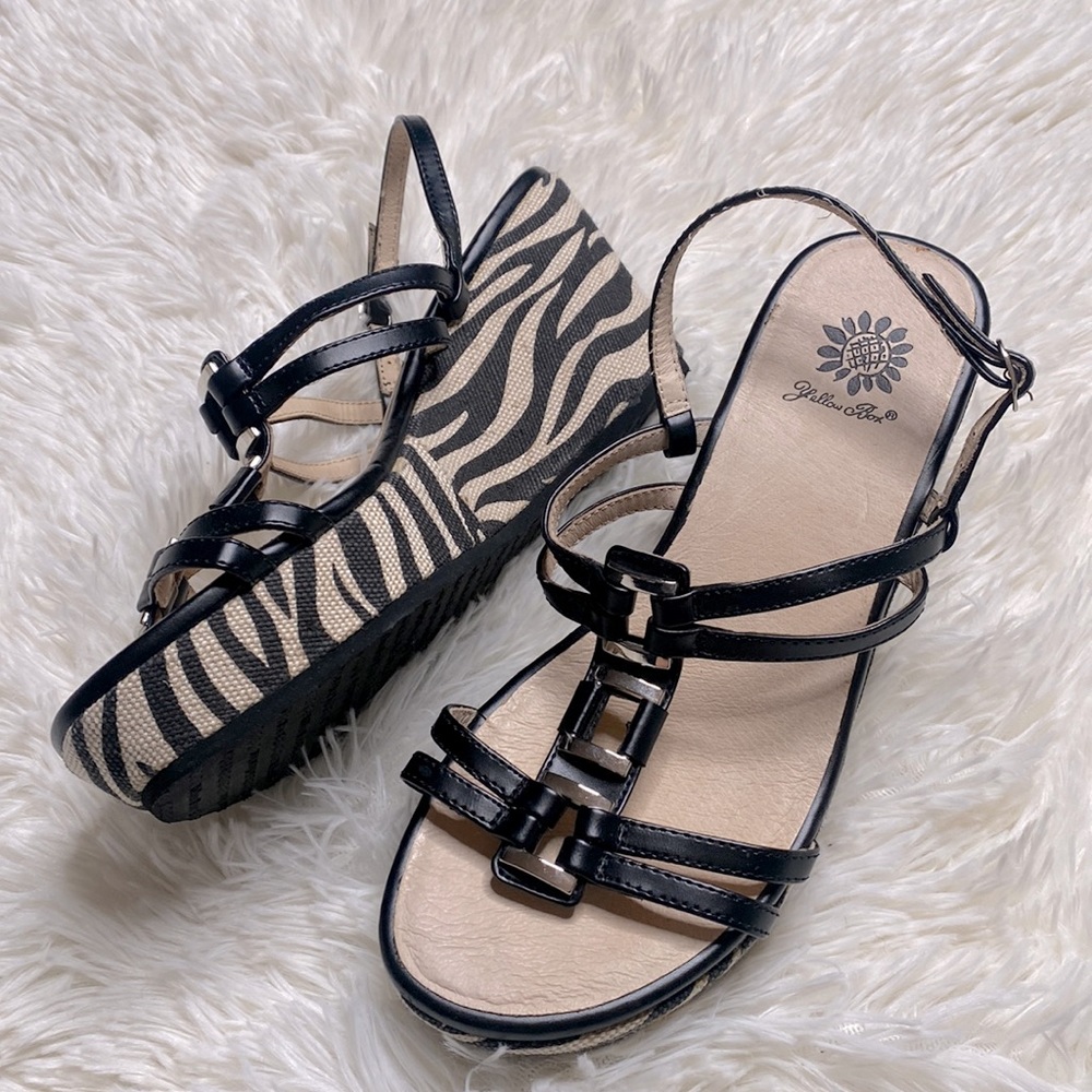 Yellow Box Black Beige Zebra Silver Accent Wedge Sandals Size 7.5
